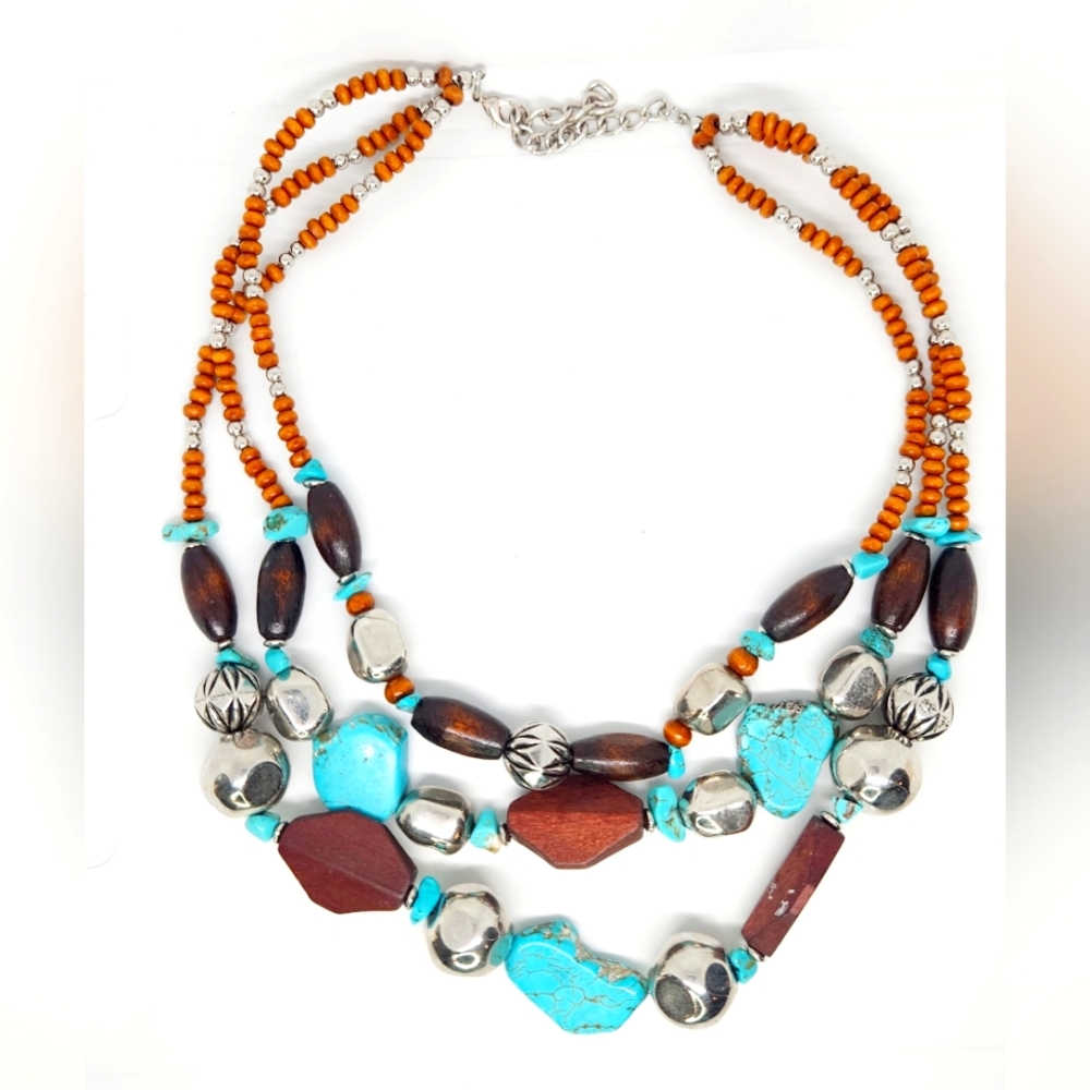 Bocar Southwest Necklace Silver Tone Multi Strand Turquoise Wood Beads 17-19”